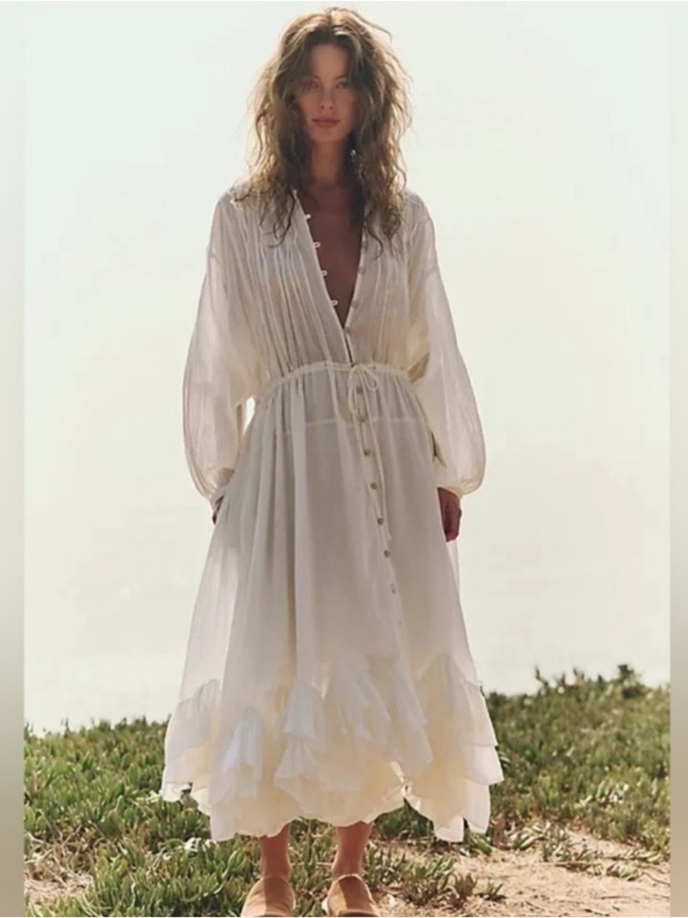 Free People Sea La Vie Midi Dress free-est button down ruffle cream